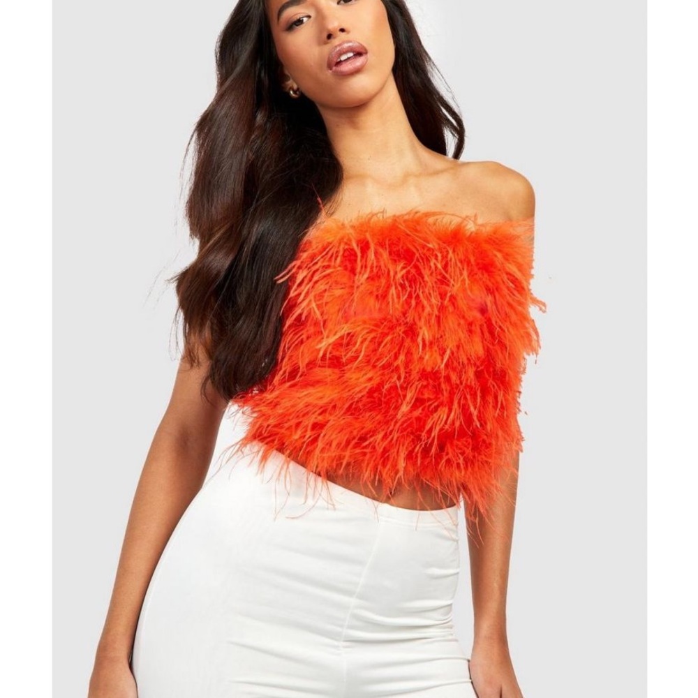 Boohoo Tall Fluffy feather Orange corset tube top